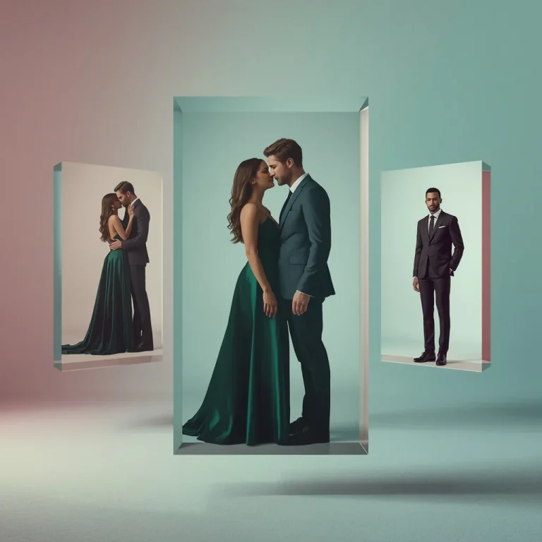 A Glass Panel Collage of a Romantic Couple in Elegant Outfits | Luxury Cinematic Collage