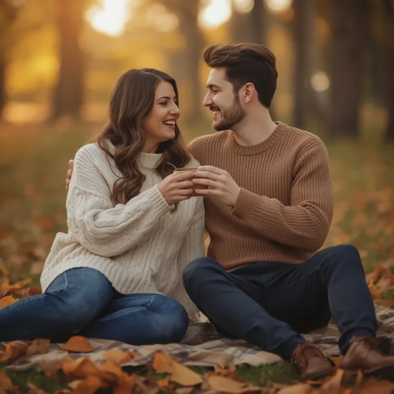 A Romantic Autumn Picnic Couple in Cozy Knitted Sweaters and Jeans | Romantic Young Couple