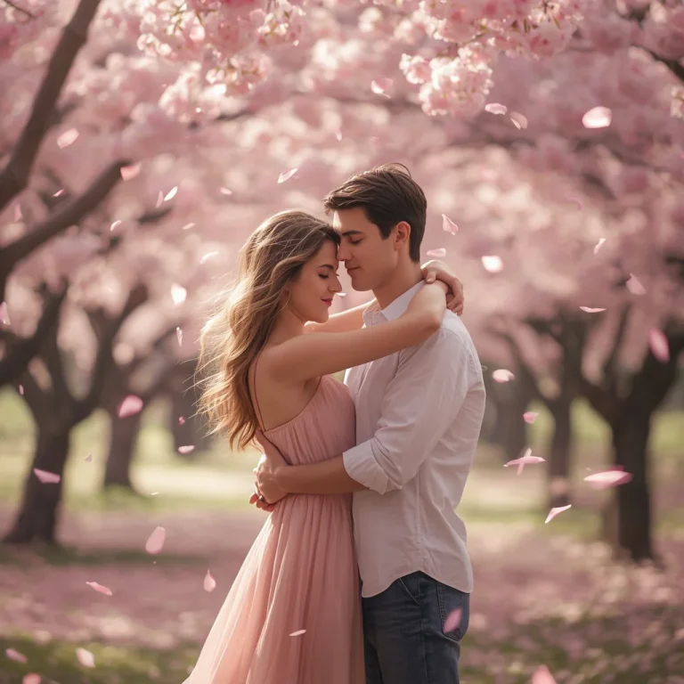 A Romantic Couple in a Dreamy Pink Cherry Blossom Park | Romantic Young Couple