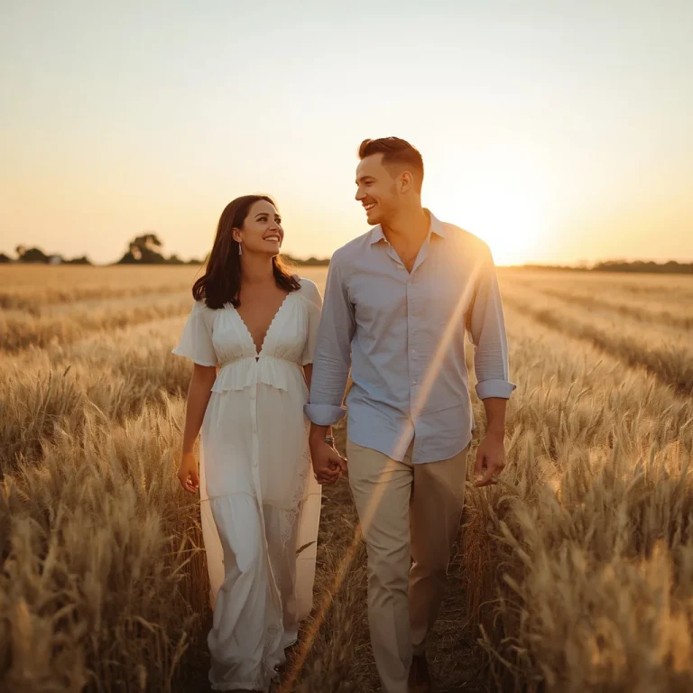 A Romantic Golden Field Couple Portrait in Summer Sun | free ai prompt