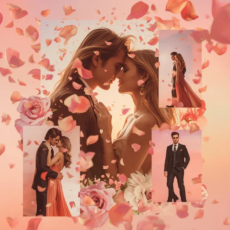 A Zero-Gravity Floating Flowers Collage of a Glamorous Couple | Romantic Collage Featuring