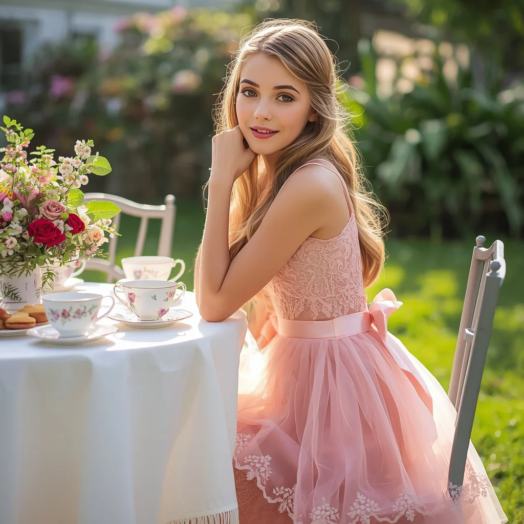 Beautiful Girl In Pink Organza Party Dress At Tea | Sweet Girl Elegantly