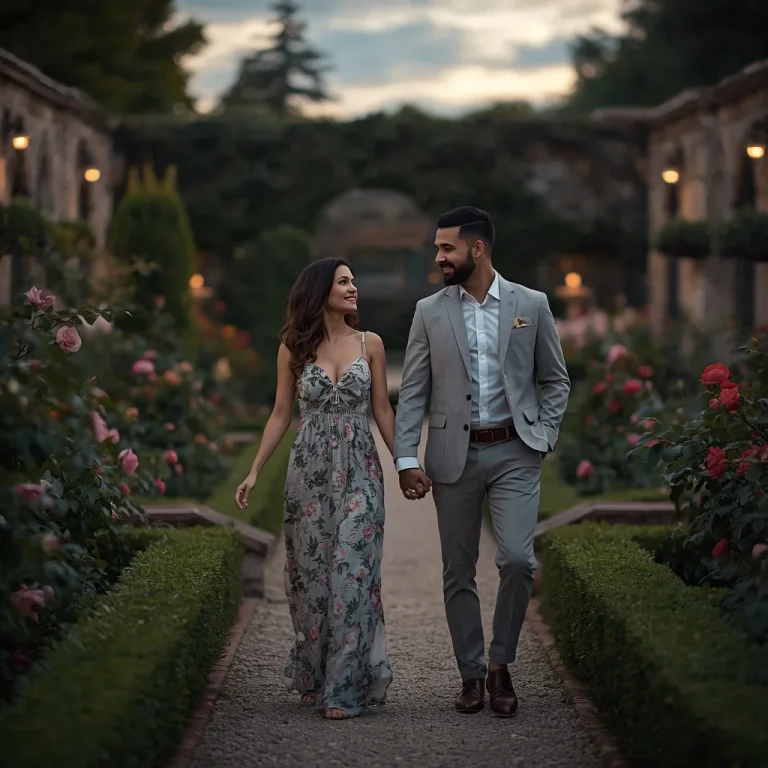 Blissful Couple’s Intimate Stroll in a Walled Garden | Simple couple photo prompt