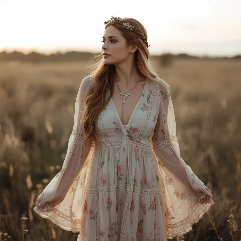 Bohemian Dreamer: A Woman in a Flowing Floral Lace Maxi Dress | luxury ai prompt
