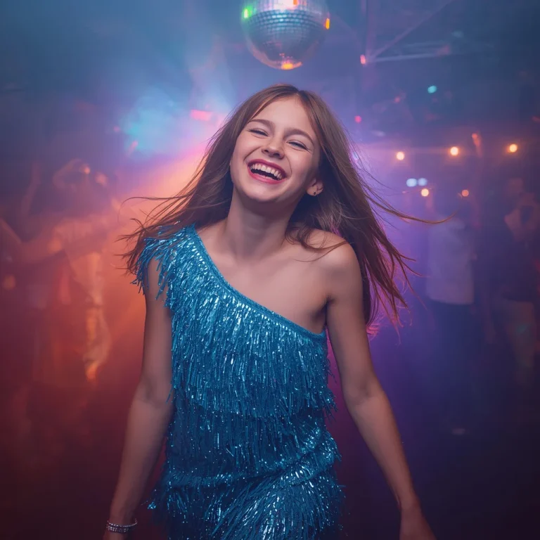 Cute Girl In Sparkly Blue Fringe Dress At Luxury Party | Fun Vibrant Portrait