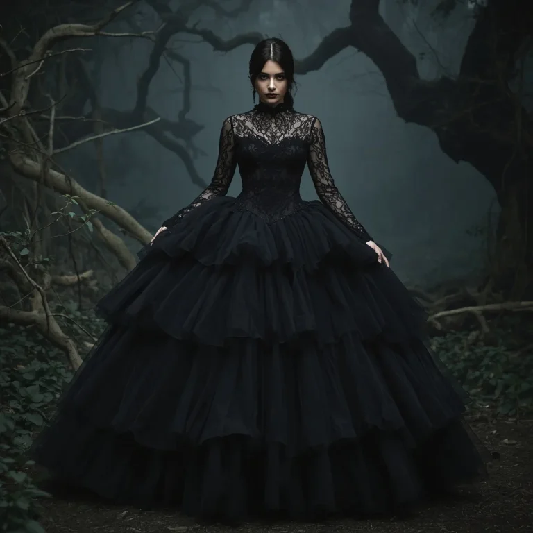 Dramatic Black Lace Ball Gown: Enchanted Forest Gothic | fantasy ai prompt