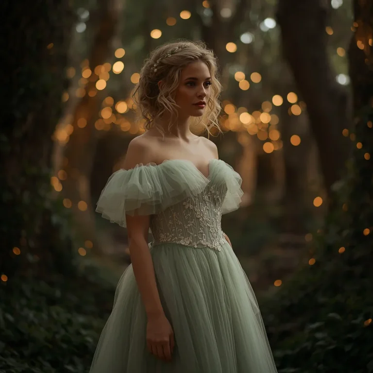 Enchanted Forest Gala: Flowing Tulle Off-Shoulder Gown | prompt engineering