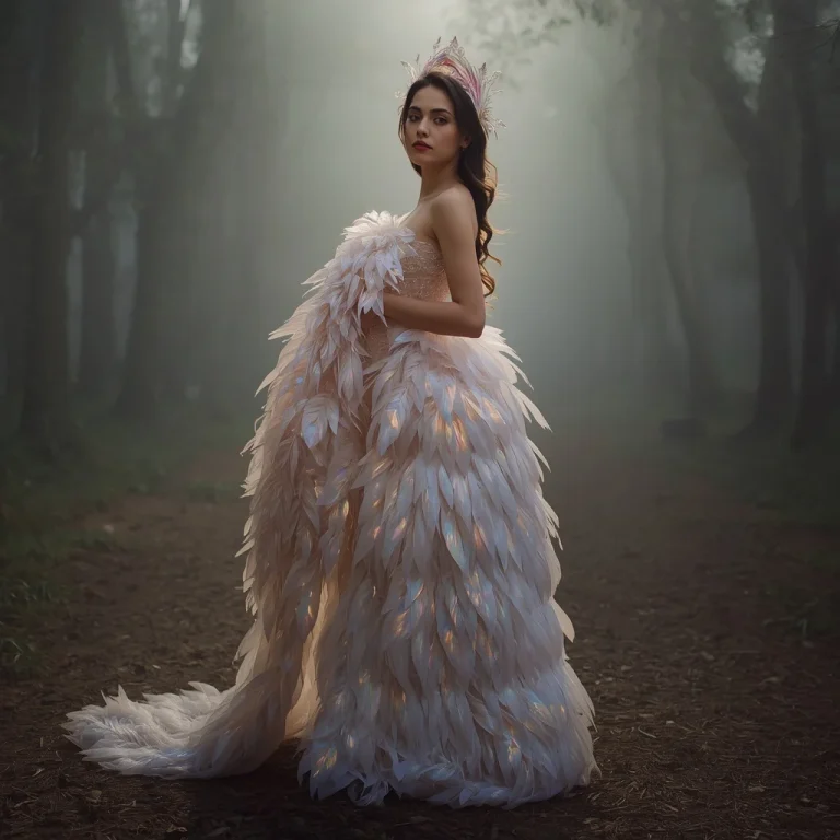 Ethereal Iridescent Feather Gown: Dreamy Fantasy | trending ai prompt