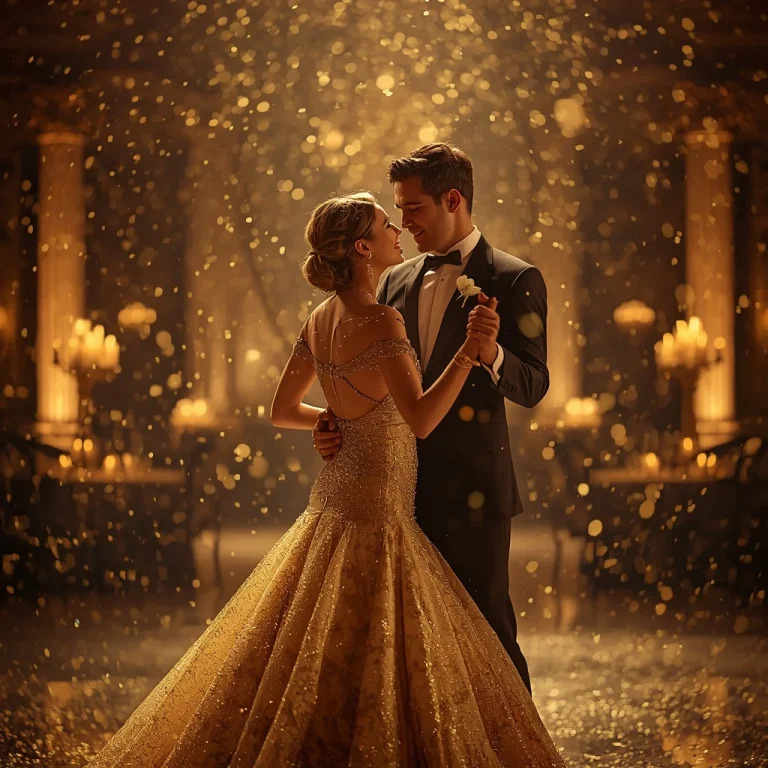 Romantic Couple Dancing In Golden Glitter Rain Celebration | Cinematic Couple Prompt