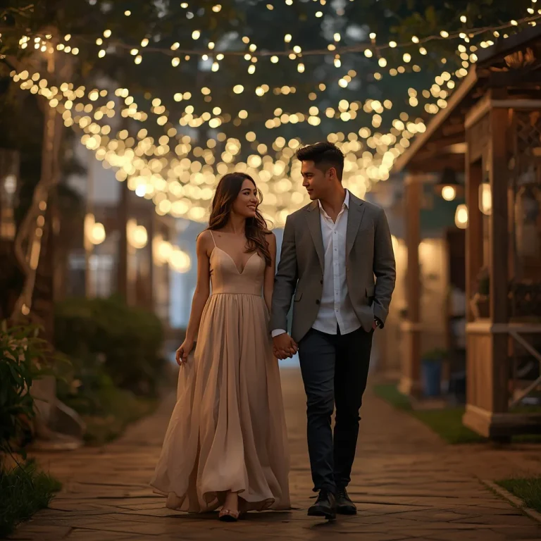 Romantic Couple’s Intimate Walk Under String Lights | Prompt seen trending boy Instagram