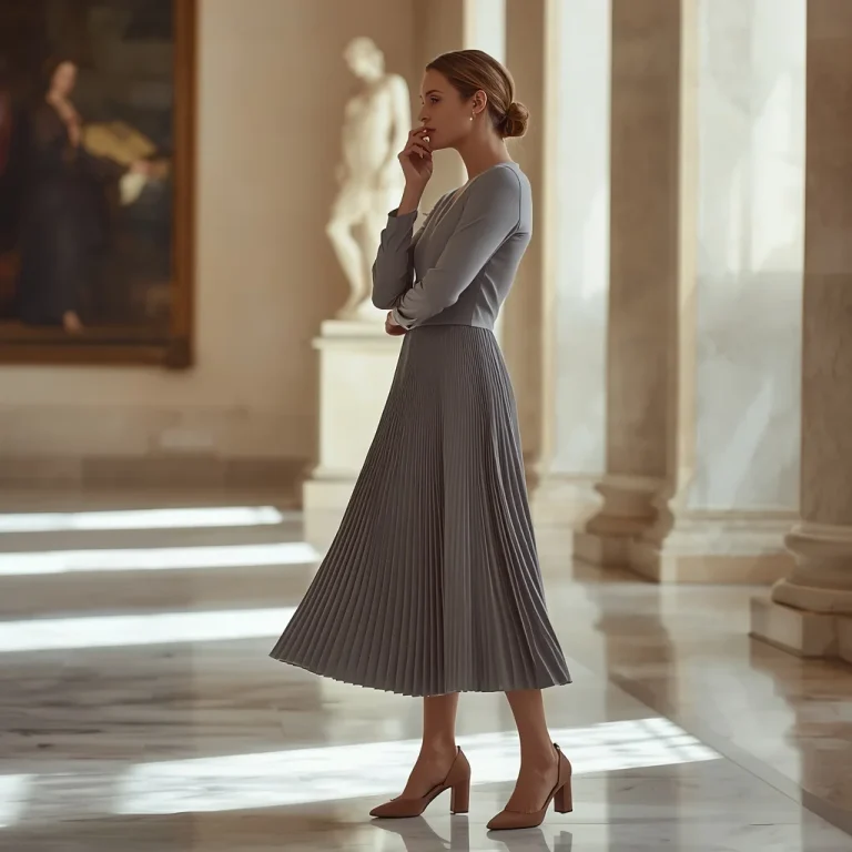 Sophisticated Grey Pleated Midi Dress for a Refined Museum Event | Art Ai Prompt